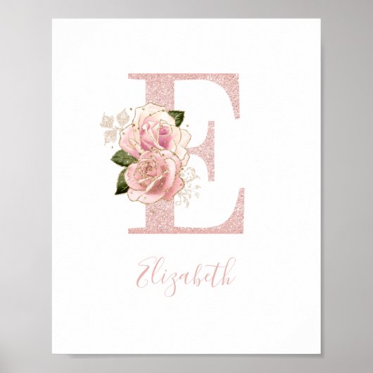 Girl Pale Rose Gold Glitzer Floral Monogram E Poster (Vorne)