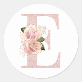 Girl Pale Rose Gold Glitzer Floral Monogram E Runder Aufkleber