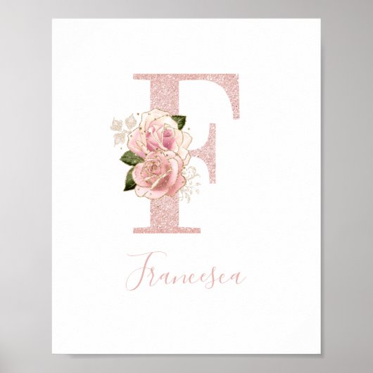 Girl Pale Rose Gold Glitzer Floral Monogram F Poster (Vorne)