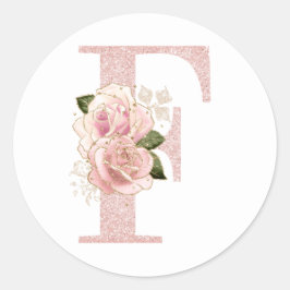Girl Pale Rose Gold Glitzer Floral Monogram F Runder Aufkleber
