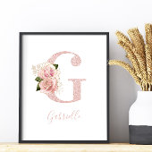 Girl Pale Rose Gold Glitzer Floral Monogram G Poster