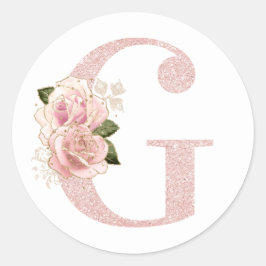 Girl Pale Rose Gold Glitzer Floral Monogram G Runder Aufkleber