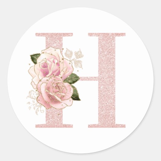 Girl Pale Rose Gold Glitzer Floral Monogram H Runder Aufkleber (Vorderseite)