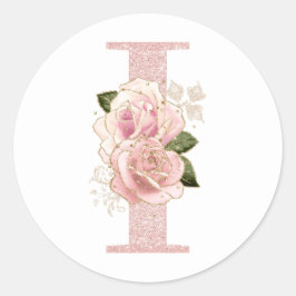 Girl Pale Rose Gold Glitzer Floral Monogram I Runder Aufkleber