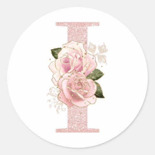 Girl Pale Rose Gold Glitzer Floral Monogram I Runder Aufkleber (Vorderseite)