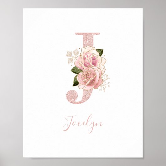 Girl Pale Rose Gold Glitzer Floral Monogram J Poster (Vorne)