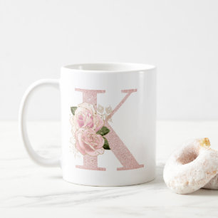 Girl Pale Rose Gold Glitzer Floral Monogram K Kaffeetasse