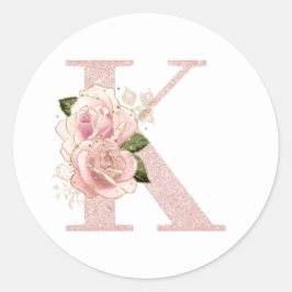 Girl Pale Rose Gold Glitzer Floral Monogram K Runder Aufkleber