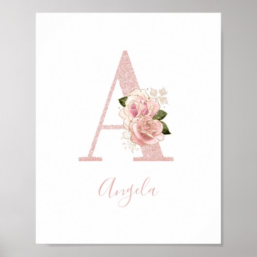 Girl Pale Rose Gold Glitzer Floral Monogramm A Poster (Vorne)