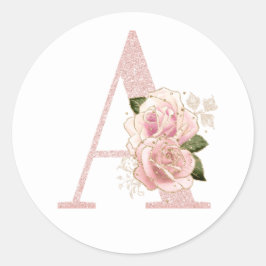 Girl Pale Rose Gold Glitzer Floral Monogramm A Runder Aufkleber