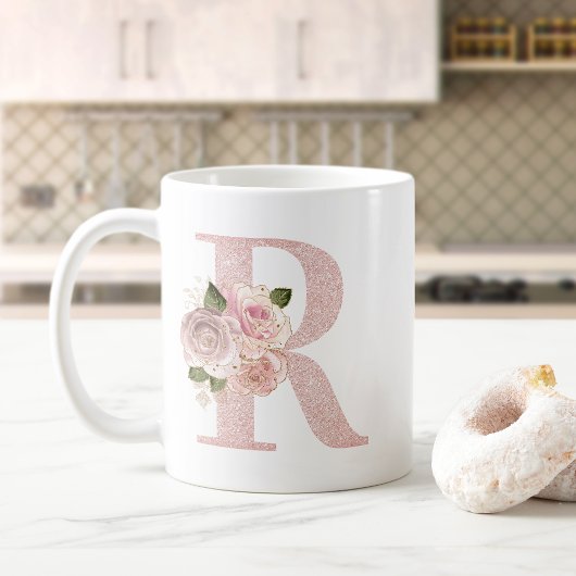 Girl Pale Rose Gold Glitzer Floral R Monogramm Kaffeetasse