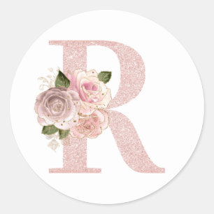 Girl Pale Rose Gold Glitzer Floral R Monogramm Runder Aufkleber