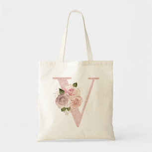 Girl Pale Rose Gold Glitzer Floral V Monogramm Tragetasche