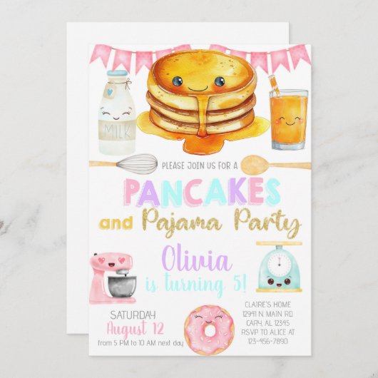 Girl pancakes and pajama birthday party invite. einladung (Vorne/Hinten)
