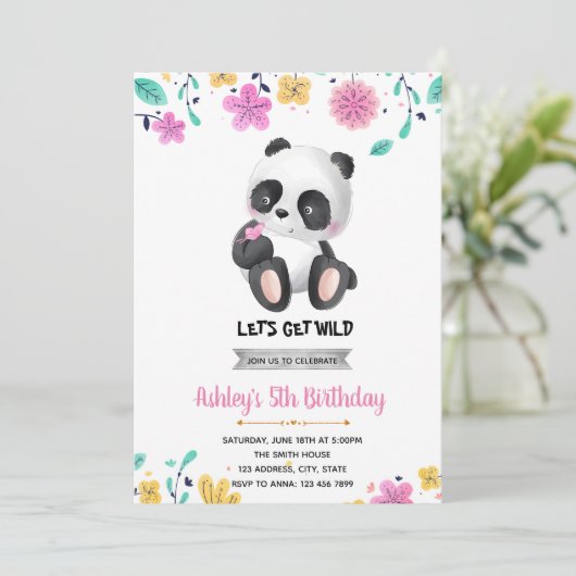 Girl Panda Geburtstagseinladung Einladung (Stehend Vorderseite)