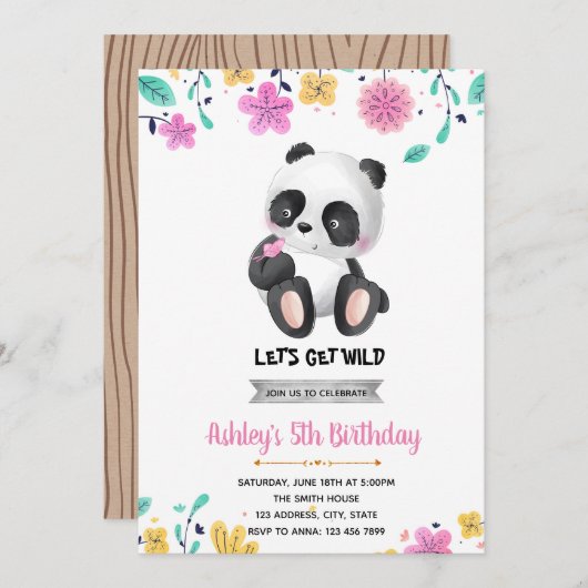Girl Panda Geburtstagseinladung Einladung (Vorne/Hinten)