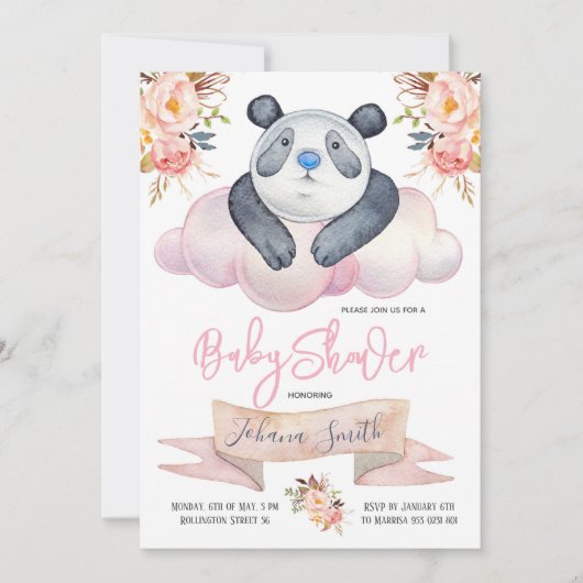 Girl Panda Pink Blumendusche Einladung (Vorderseite)