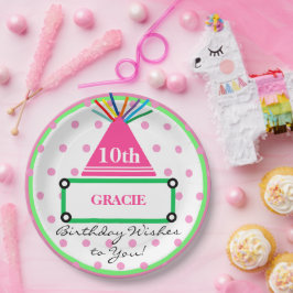 Girl Party Hat Green Pink Polka Dots Name Pappteller