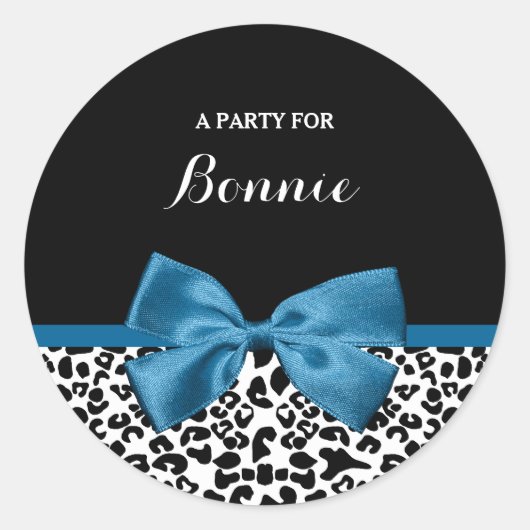 Girl Party Name Leopard Print Hübsch Blue Bow Runder Aufkleber (Vorderseite)