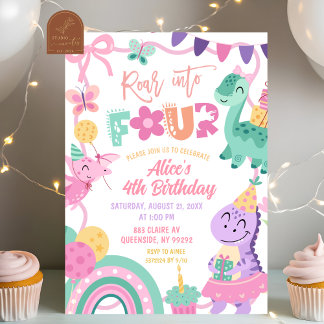 Girl Pastel Dinosaur 4th Birthday invitation Einladung