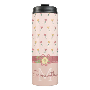 Girl Pastel Peach Herz Blume Muster & Monogramm Thermosbecher