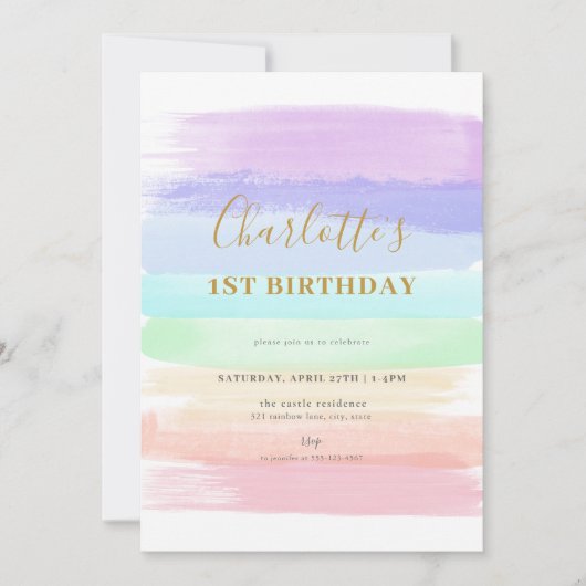 Girl Pastel Rainbow Erster Geburtstag Einladung (Vorderseite)