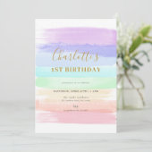 Girl Pastel Rainbow Erster Geburtstag Einladung (Stehend Vorderseite)