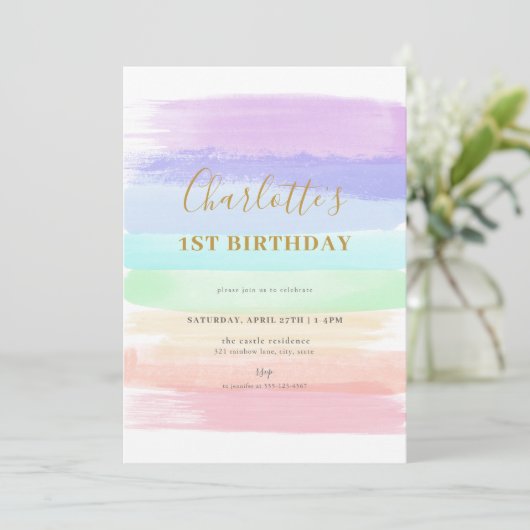 Girl Pastel Rainbow Erster Geburtstag Einladung (Stehend Vorderseite)