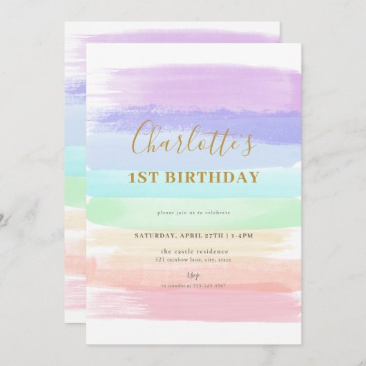 Girl Pastel Rainbow Erster Geburtstag Einladung (Vorne/Hinten)
