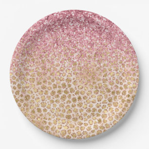 Girl Peach Gold Leopard Print Pink Glitzer Glitzy Pappteller