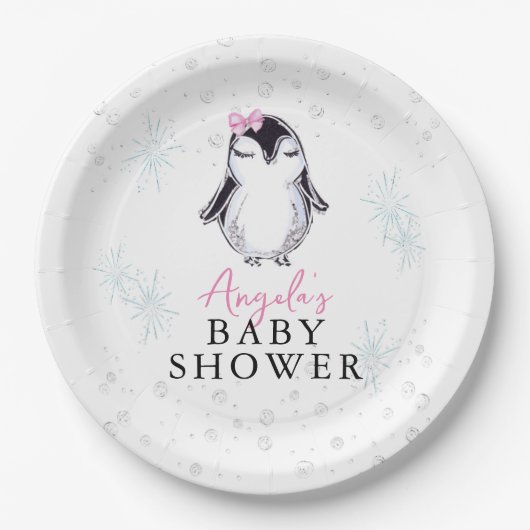 Girl Penguin Winter Baby Shower  Pappteller (Vorderseite)