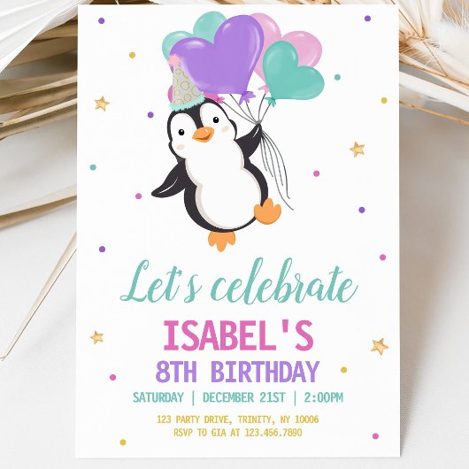 Girl Penguin Winter Geburtstagsparty Einladung