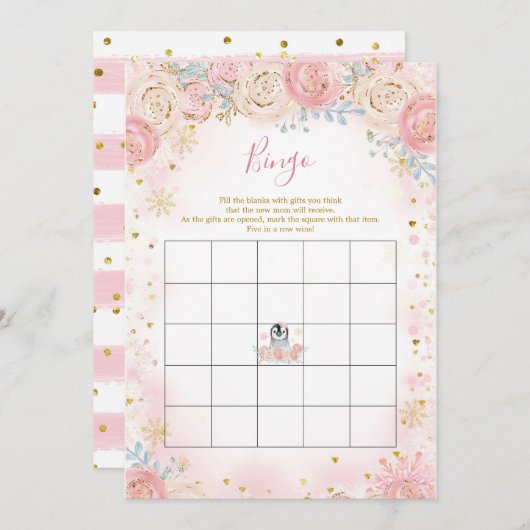 Girl Penguin Winter Snowflake Bingo Game Einladung (Vorne/Hinten)