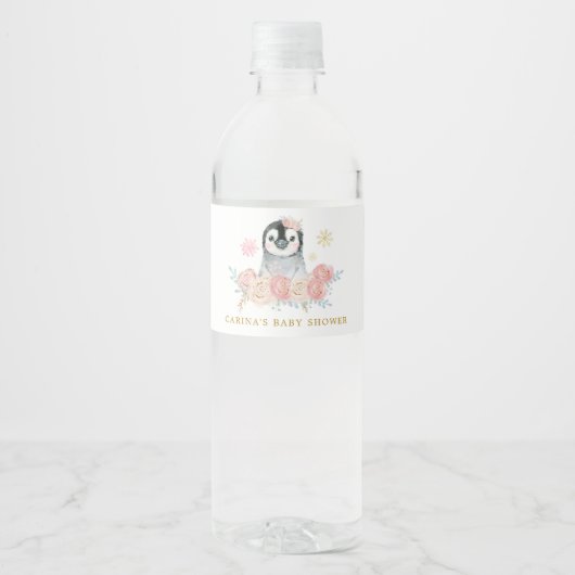 Girl Penguin Winter Snowflake Wasserflasche Wasserflaschenetikett (Vorderseite)