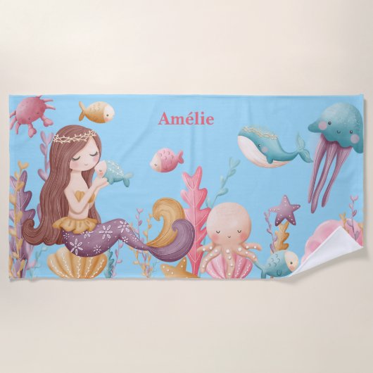 Girl Personalisiert Mermaid Ocean Strandtuch (Vorderseite)