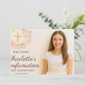 Girl photo cream beige bow cross Confirmation Dankeskarte (Stehend Vorderseite)