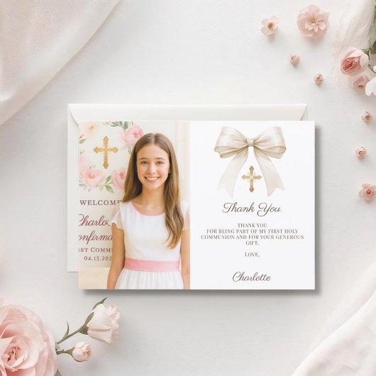Girl photo cream bow Confirmation Dankeskarte