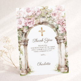 Girl photo First Communion pink floral arch Dankeskarte