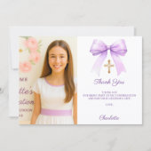 Girl photo lavender bow Confirmation Dankeskarte (Vorderseite)