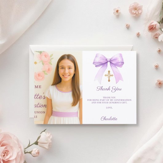 Girl photo lavender bow Confirmation Dankeskarte
