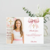 Girl photo pink bow Confirmation Dankeskarte (Stehend Vorderseite)