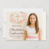 Girl photo pink bow cross Confirmation Dankeskarte (Vorderseite)