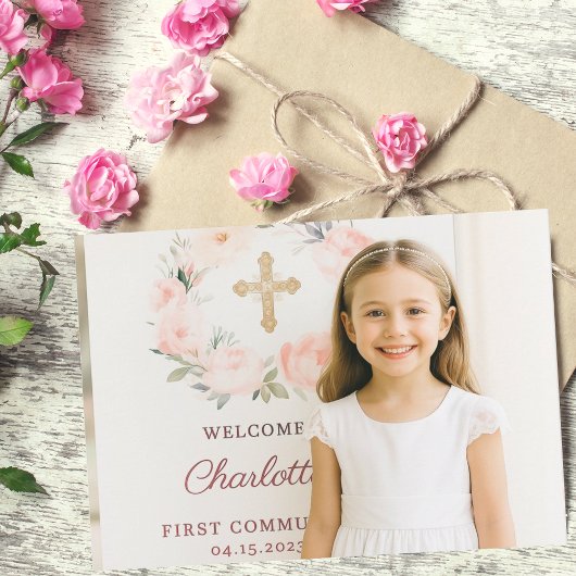 Girl photo pink bow cross First Communion  Dankeskarte
