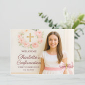 Girl photo pink bow cross First Holy Communion Dankeskarte (Stehend Vorderseite)