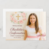 Girl photo pink bow cross First Holy Communion Dankeskarte (Vorne/Hinten)