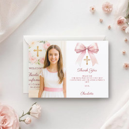 Girl photo pink bow First Holy Communion Dankeskarte
