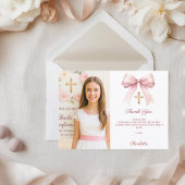 Girl photo pink bow First Holy Communion Dankeskarte