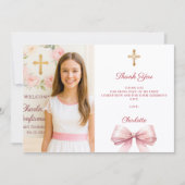 Girl photo pink bow First Holy Communion Dankeskarte (Vorderseite)