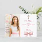 Girl photo pink bow First Holy Communion Dankeskarte (Stehend Vorderseite)