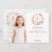Girl photo pink florals cross First Communion  Dankeskarte (Vorderseite)